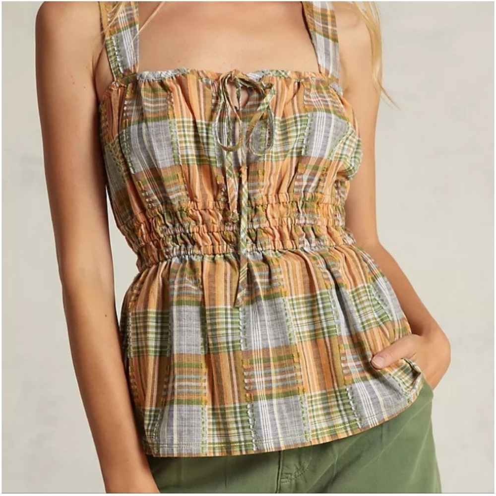 Anthropologie Pilcro Plaid Smocked Peplum Tank Top Size 6 Orange Green